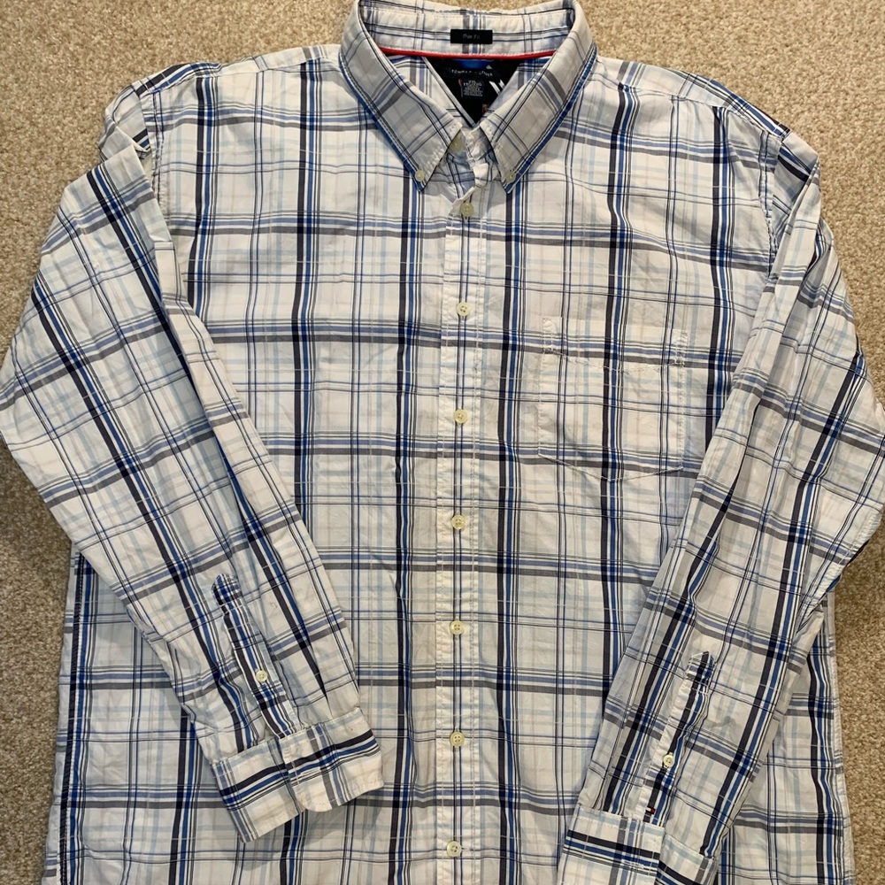 Tommy Hilfiger White & Blue Trim Fit Long Sleeve Button-Down Shirt, XXL
